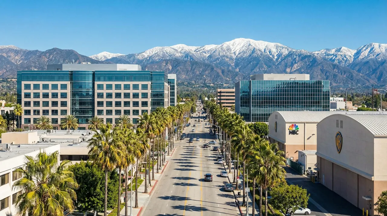 Burbank business district with the San Gabriel Mountains in the distance